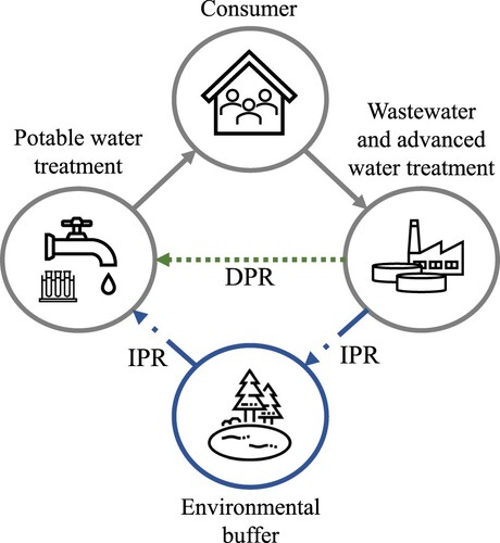 Figure 1. Schematic of the DPR and IPR treatment processes. Adapted from Eden et al. (Citation2016). ‘Potable Reuse of Water,’ Water Resources IMPACT, vol. 18, no. 4, pp. 10-11.