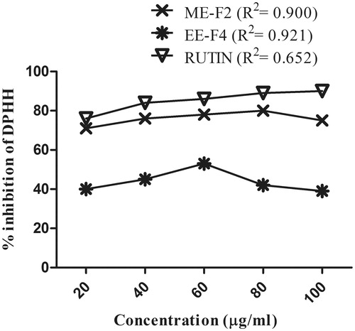 Figure 1. Antioxidant activity of active fractions of P. hexandrum expressed as rutin equivalents by the DPPH method.