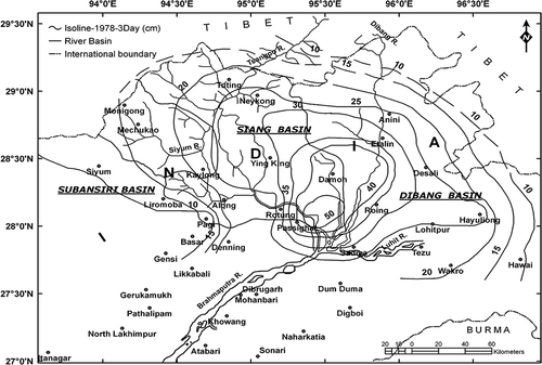 Fig. 12 Three-day isohyetal (cm) pattern of the 21–23 June 1978 rainstorm over the Arunachal Pradesh Himalayas.