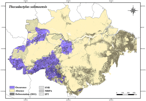 Figure 82. Occurrence area and records of Thecadactylus solimoensis in the Brazilian Amazonia, showing the overlap with protected and deforested areas.
