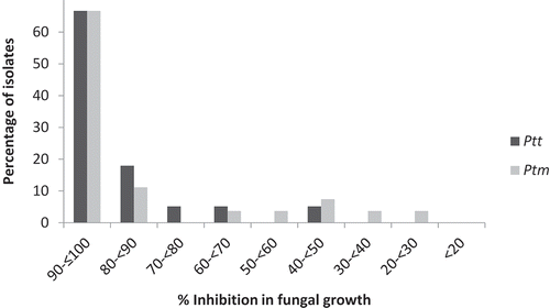Fig. 3 Frequency distribution of inhibition of fungal growth in 39 Pyrenophora teres f. teres and 27 P. teres f. maculata isolates from western Canada in response to 0.15 mg L−1 pyraclostrobin in potato dextrose broth. Inhibition of fungal growth is expressed as a percentage relative to a control treatment in which no pyraclostrobin was included. Experiments were performed in the presence of 100 mg L−1 salicylhydroxamic acid (SHAM).