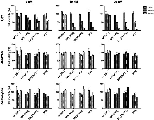 Figure 3. Viability (in %) of U87-MG; BBMVEC, and astrocytes cells after one, four and 8 days of samples incubation, at 5, 10 and 20 nM PTX concentration, respectively. NP(2 P,-): 2 P-decorated, non-loaded; NP(PTX): non-decorated, PTX-loaded; NP(2 P,PTX): 2 P-decorated, PTX-loaded.