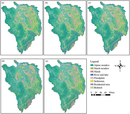 Figure 6. Wetland cover maps obtained by the five classifiers: (a) artificial neural network, (b) MultiBoost artificial neural network, (c) rotation artificial neural network, (d) visual geometry group, and (e) random forests