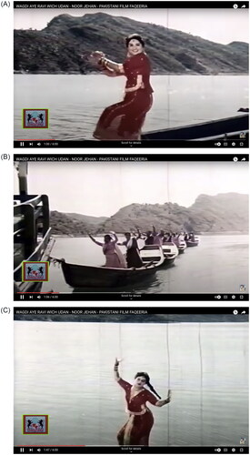 Figures 4A, 4B and 4C. Video stills for the song ‘Vagdī e Rāvī De Vich Uḍḍan’, sung by Noor Jehan, from Faqeeria (1987). In the top two images, Mumtaz and other actors dance on boats, while in the bottom image, Mumtaz dances on the riverbank, her hand gestures imitating the whirls of the river.Source: Famous Films Youtube channel, https://www.youtube.com/channel/UC2trCrqHZqIFG64bsm9gklw.