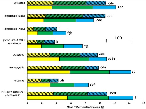 Figure 2. The effect of herbicide treatments in Experiment 2 on dry weight of plantain regrowth for Harvest 1 (yellow), Harvest 2 (green) and Harvest 3 (blue) averaged across both cultivars, with separate bars for when rainfall was simulated after treatment (cross-hatched) and for no rainfall (plain). The least significant difference (LSD) bar is for total dry weight at p = 0.05. Treatments that share the same letter had no significant difference in total dry weight at p = 0.05.