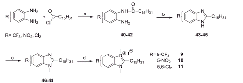 Scheme 2. Reagents and conditions: (a) THF, N2, Hünig base (2 equiv), r.t., 24 h; (b) HCl 4 N, reflux, 4 h; (c) CH3I, THF, Cs2CO3, 60 °C, 6–8 h; (d) CH3I excess, r.t., 24 h.