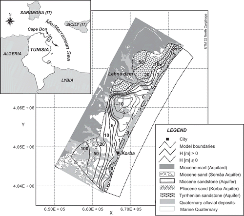 Fig. 1 Location map of the Korba aquifer and geological settings (squares are 10 × 10 km). Hydraulic heads observed in August 2004 are also shown.