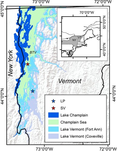 Figure 1. Location map of the study area. Inset shows the states of Vermont (VT) and New York (NY) in the northeastern United States. Larger figure presents the locations of the LP and SV study sites (stars) in the Champlain Valley. Color shading represents the mapped extent of proglacial Lake Vermont at its highest (Coveville) level, and its lowest (Fort Ann) level, as well as the extent of the Champlain Sea marine incursion. Note that both sites were submerged by Lake Vermont at the Coveville level, but only the SV site was submerged by the Fort Ann Lake Vermont and the Champlain Sea. Blue denotes the extent of modern Lake Champlain. ‘BTV’ is the Burlington International Airport where the local climate record was collected.