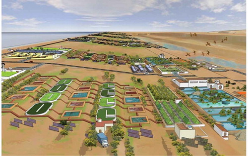 Fig. 5. A draft of a proposed land-based Integrated Multi-Trophic Aquaculture (IMTA) farm gravity-fed by Atlantic Ocean water (Green Sahara) a vision of the late Guillermo García-Blairsy Reina (courtesy of Bioagramar Foundation).