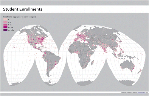 Figure 2 Map of participants’ home locations from the course introductory mapping activity. Participant counts are aggregated here into 100 km hexagons.