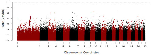 Figure 5 Manhattan plot for GWAS analysis of never smoker among early COPD based on 38 cases and 1294 those among control after propensity score matching using age, sex, and BMI.