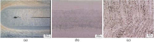 Figure 2. Microstructures on the top surfaces of (a) the TRIP, (b) the DP steel and (c) magnified microstructure of the DP steel after laser welding.