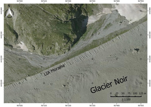 Figure 2. Extract of 2013 orthophotograph illustrating the difficulties in determining the edge of Glacier Noir, especially in the area between the northern border and the LIA moraine.