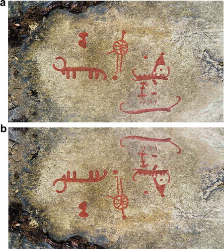 Figure 11. (a,b) The same motif viewed from two different stations points differing 180 degrees. On top, the carving displayed as a cow and below the same carving displayed as a ship. Torsbo, Bohuslän, Sweden. Photo: Peter Skoglund.