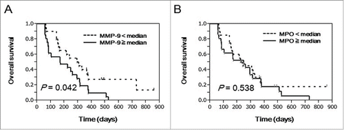 Figure 3. Prognostic significance of plasma MMP-9 and MPO in advanced PC patients treated with PPV. To examine the prognostic significance of MMP-9 and MPO in pre-vaccination plasma from advanced PC patients treated with PPV (n = 41), curves for OS were estimated by the Kaplan-Meier method, and differences between survival curves were statistically analyzed using the log-rank test. Censored patients are shown as vertical bars. Patients treated with PPV were divided into 2 subgroups according to the median values of plasma MMP-9 (A) and MPO (B).