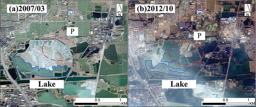 Figure 20. The Google images between March 2017 and October 2012. The irregular polygon formed by the blue curved line represents the area of the lake.