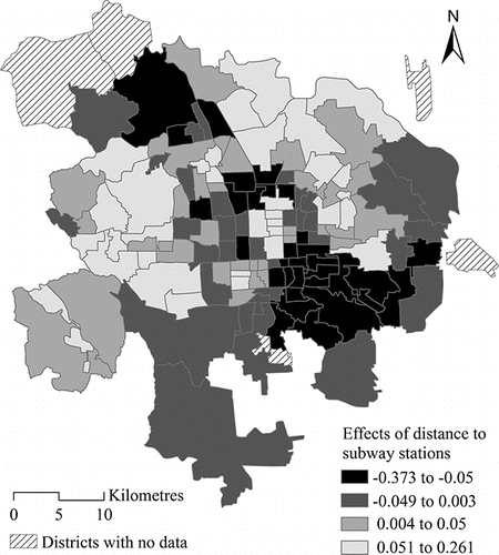 Figure 3. District-level effects of proximity to subway stations using estimates from multilevel modeling-multivariate Leroux conditional autoregressive (MLM-MLCAR) model.