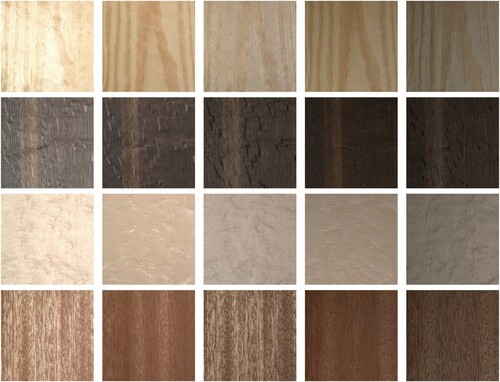 Figure 10. The illustration of the appearance of four veneers from the Wood UTIA BTF database in varying illumination directions. The left column is illuminated from the surface normal, and the direction of illumination tilt increases to the right: 0, 30, 60, 60, and 75 degrees, illumination azimuth is 0, 90, 180, 252, and 345 degrees, respectively.