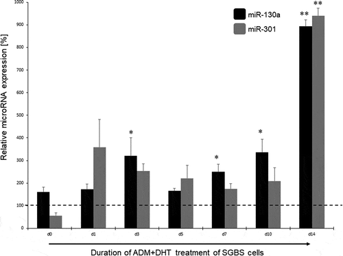 Figure 4. miR-130a and miR-301 expression during adipogenic differentiation of SGBS cells. Legend: black bars: miR-130a expression under ADM + DHT treatment, grey bars: miR-301 expression under ADM + DHT treatment. Dotted line represents the DMSO control individually set for 100%. Abbreviations: d = day; *p < 0.05; **p < 0.01; n = 3, Student’s t-test, mean ± standard deviation