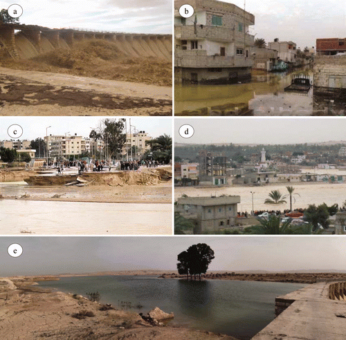 Figure 1. (a) Commencement of water flow over El Ruaffa Dam; (b–d) inundation of vast areas of El Arish city; and (e) the ephemeral lake in the front of El Ruaffa Dam.