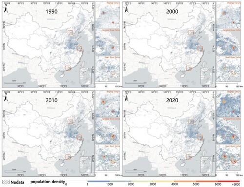 Figure 6. Distribution of population density in China from 1990 to 2000 at 500 m resolution.