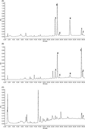 Figure 2. HPLC chromatogram (λ = 254 nm) for the simultaneous determination of 1 and 2 alongside characteristic phenylpropenoids in R. rosea (1, rhodiosin; 2, herbacetin; 3, rosarin; 4, rosavin; 5, rosin; 6, cinnamylalcohol). (A) Authentic R. rosea rhizome; (B) authentic R. rosea root; (C) non-identified Rhodiola species root.