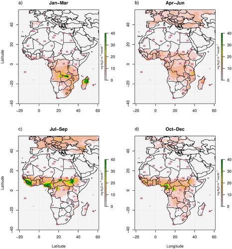 Fig. 4. The prior N2O fluxes at the resolution of 0.4º expressed in mg N2O m−2 month−1 for periods (a) January to March, (b) April to May, (c) June to August, and (d) September to December 2012. Anthropogenic emissions from EDGAR v4.3.2 and natural emissions from soils were derived from emissions reported for 2008 in Saikawa et al. (Citation2013).