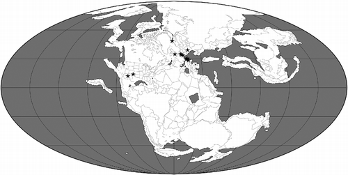 Figure 3 Palaeogeographical map for the Late Triassic (210 Ma) showing the locations of 29 collections of pterosaurian specimens. The map was generated using software available at Fossilworks (Alroy Citation2013), with collections data downloaded from The Paleobiology Database.