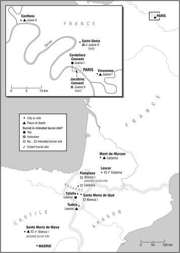 Figure 1. Place of death and burial sites of the Regnant Queens of Navarre.