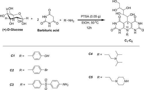 Figure 1.  Synthesis of poly-hydroxy functionalized pyrimidine-fused heterocyclics (PHPFHs) using the reaction of d-(+)-glucose, barbituric acid and amines. The detailed description of the synthetic procedure is seen in the Materials and Methods (General procedure for the synthesis of compounds C1–C5 subsection). As shown in this figure, further substitutions (C1–C5) were also made at the position 10 (R-group) of the general structure of pyrimidine-fused heterocyclic (PFH) with a poly-hydroxy carbon chain to obtain either the aliphatic or aromatic derivatives.