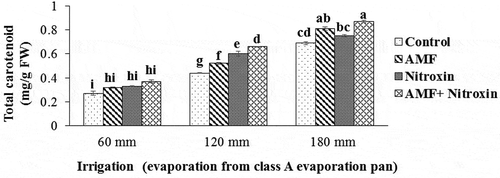 Figure 6. Interaction effect of irrigation and inoculation with bio-fertilizers on total carotenoid content of sorghum. Values represent means ± SE. Different letters indicate significant differences using LSD test (P <.05)