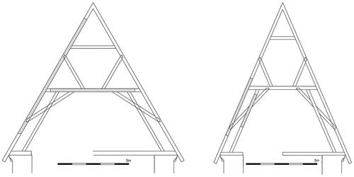 Fig. 10. Reconstructed trusses from reused timbers in the nave roof, with group felling dates 1177–1202 and 1175–1212S. Harrison