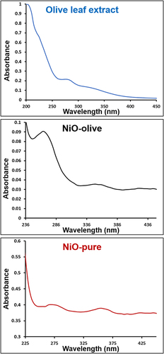 Figure 8 UV-Vis spectra of olive leaf extract and nanoparticles.