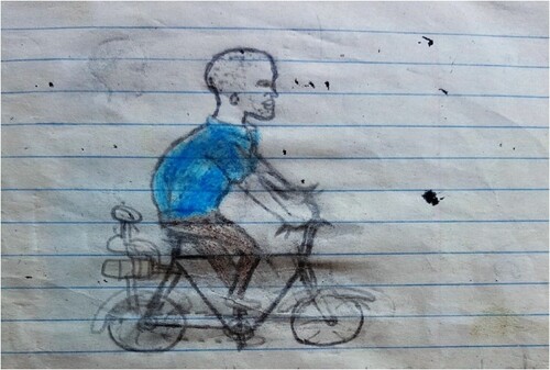 Figure 1. A grandfather taking his granddaughter to a health centre on a bicycle.Drawing by Orlando, granddaughter, 13 years