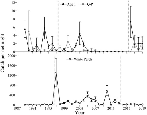 Figure 1. Catch per net night of age-1 and PSD Q-P Hybrid Striped Bass collected in fall gill nets (top) and White Perch collected in fall fyke nets (bottom) in Branched Oak Reservoir from 1988 to 2019 with associated standard error bars. Dotted lines separate stocking eras of spring age-0 (1988-1997), fall age-0 (1998-2015), and spring age-1 (2016-2019) Hybrid Striped Bass (top) and establishment (1989-1996), peak (1997-2013), and recent (2014-2019) periods of White Perch invasion (bottom).