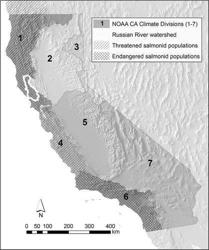 Figure 1. California climate regions and distribution of federally endangered salmonids (Central Coast coho to the north, Southern Coast steelhead to the south) and threatened salmonids (Southern Oregon/Northern California coho, Northern Coast steelhead, Central Coast steelhead, South-Central Coast steelhead) in Coastal California.