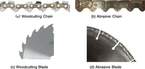 Figure 1. Visualization of woodcutting (a, c) and abrasive (b, d) cutting elements, as seen on chains (a, b) and blades (c, d). The woodcutting elements have teeth that cut into the work material, while the abrasive elements are embedded with a hard material (such as diamond) to shear through the work material. Note: The full color version of this figure is available online.