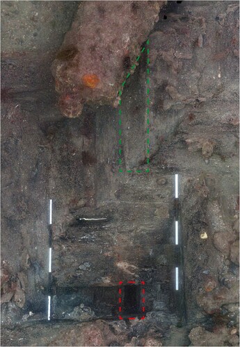 Figure 10. The dashed red line showing the space between the frames and the green dashed line showing that space filled by an additional timber, possibly known as a ‘filling’. Scales are 1 m with 20 cm increments (survey and model produced by Daniel Pascoe).