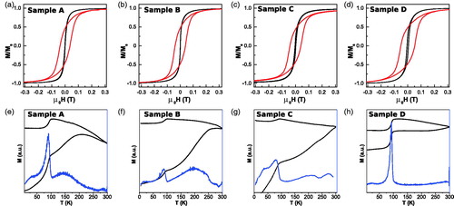 Figure 6. First row: DC hysteresis loops at 5 K (red line) and 300 K (black line) for samples (A) A, (b) B, (c) C and (d) D. Second row: ZFC-FC curves (black line) together with derivatives of ZFC magnetization (blue line) for samples (e) A, (f) B, (g) C and (h) D.