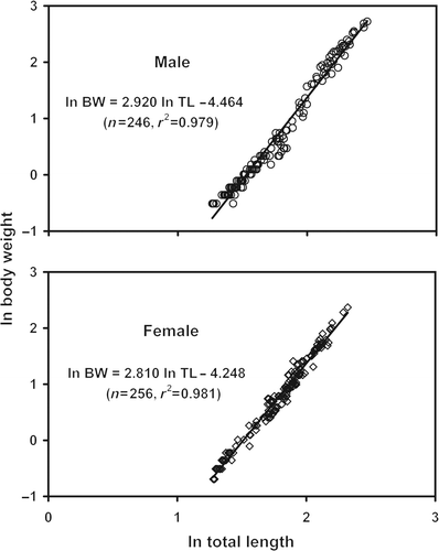 Figure 4. Natural-log relationships between TL (ln TL) and BW (ln BW) of male and female M. malcolmsonii (Milne-Edwards, 1844) in the Ganges River, northwestern Bangladesh.