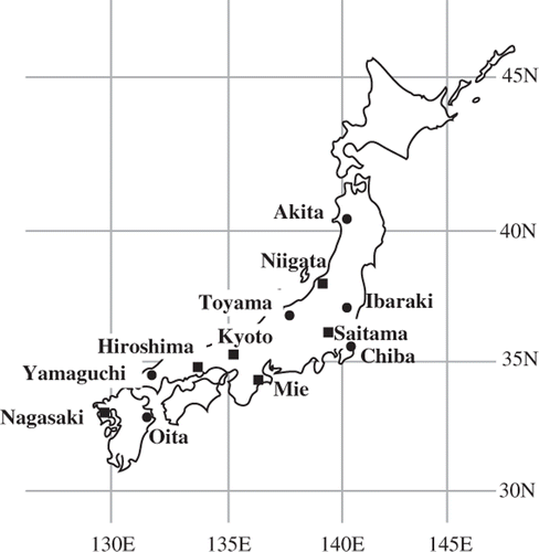 Figure 1. Locations of the sampling prefectures for Chamaecyparis obtusa (Sieb. et Zucc.) Endl. (squares) and Cryptomeria japonica D. Don (circles).