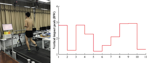 Figure 1. (Left) Typical subject running on the treadmill while receiving real-time visual biofeedback of the vertical impact peak. (Right) Vertical impact peak is displayed for the current step and the previous nine steps in the real-time stairstep plot, which is updated on each step. Participants performed self-selected running gait modifications to decrease the vertical impact peak value displayed on the monitor.