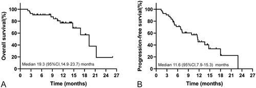 Figure 1. Kaplan–Meier curve showing OS and PFS for the whole cohort of patients treated with programmed cell death protein-1 (PD-1)-targeted immunotherapy. (A) OS rates in patients with ICC receiving anti-PD-1 agents. (B) PFS rates in patients with ICC receiving anti-PD-1 agents.