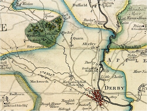 Figure 1. Map of Derbyshire (detail), engraved by Thomas Kitchin, after Peter Perez Burdett, 1791 (2nd edition). Derby Museums collection / photo credit: Richard Tailby.