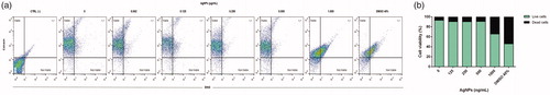 Figure 2. Assessment of levels of live BMDC after 12 h incubation with AgNP (Calcein-AM assay). (a) Representative dot-plots with percentage BMDC positive for Calcein and EthD-1. (b) BMDC live and dead percentages.