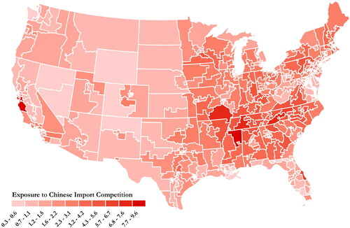Figure 2. Congressional district exposure to Chinese import competition (1991–2016).