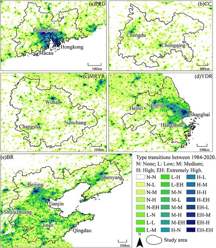 Figure 9. Spatiotemporal transition of nighttime light type in the five major urban agglomerations of China 1984–2020.