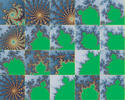 Figure 7. The 19 best-of-run views of the quadratic Mandelbrot set found using a fitness function derived from the starburst image. The starburst itself is displayed as the first image in the set. These images use a 31 × 31 sample grid.