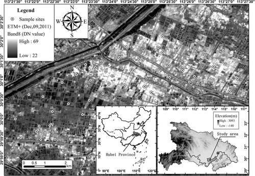 Figure 1. Maps showing the geographical location of the study area, distribution of sampling sites, and landscape of the study area, indicated by a LANDSAT-7 ETM+ image with band 8 (panchromatic band).