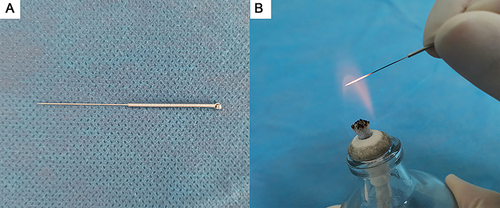 Figure 1 Needle used in fire needle therapy in this study (A). Fire needle therapy (B).
